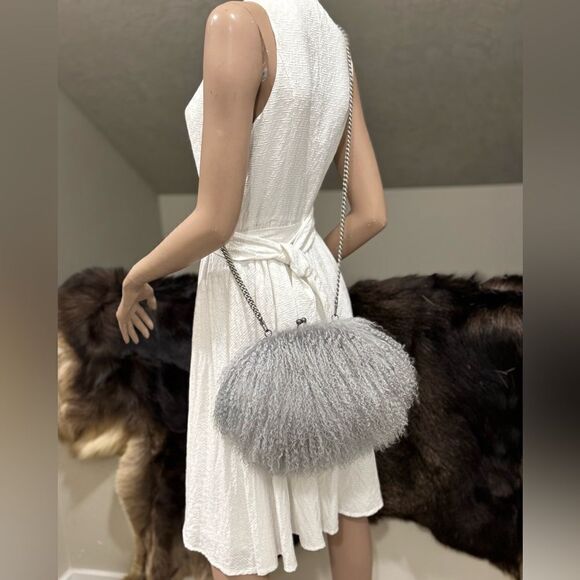 Gray Handmade Genuine Mongolian Lamb Fur Kisslock Clutch/Shoulder Bag/Crossbody - Picture 5 of 16